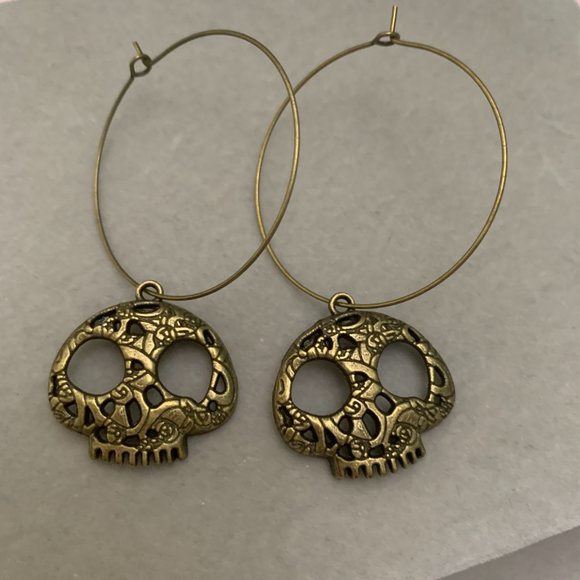 SpookySkull Halloween Antique Bronze Hoop Earrings - Picture 2 of 8